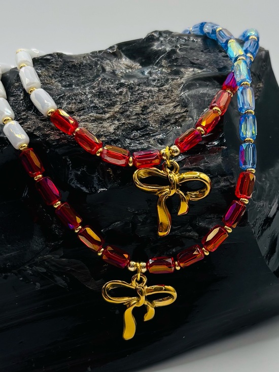 Jewelry - *ANKLET* S.Steel Gold Bow & AB Red White Blue Glass Stretchy Anklet